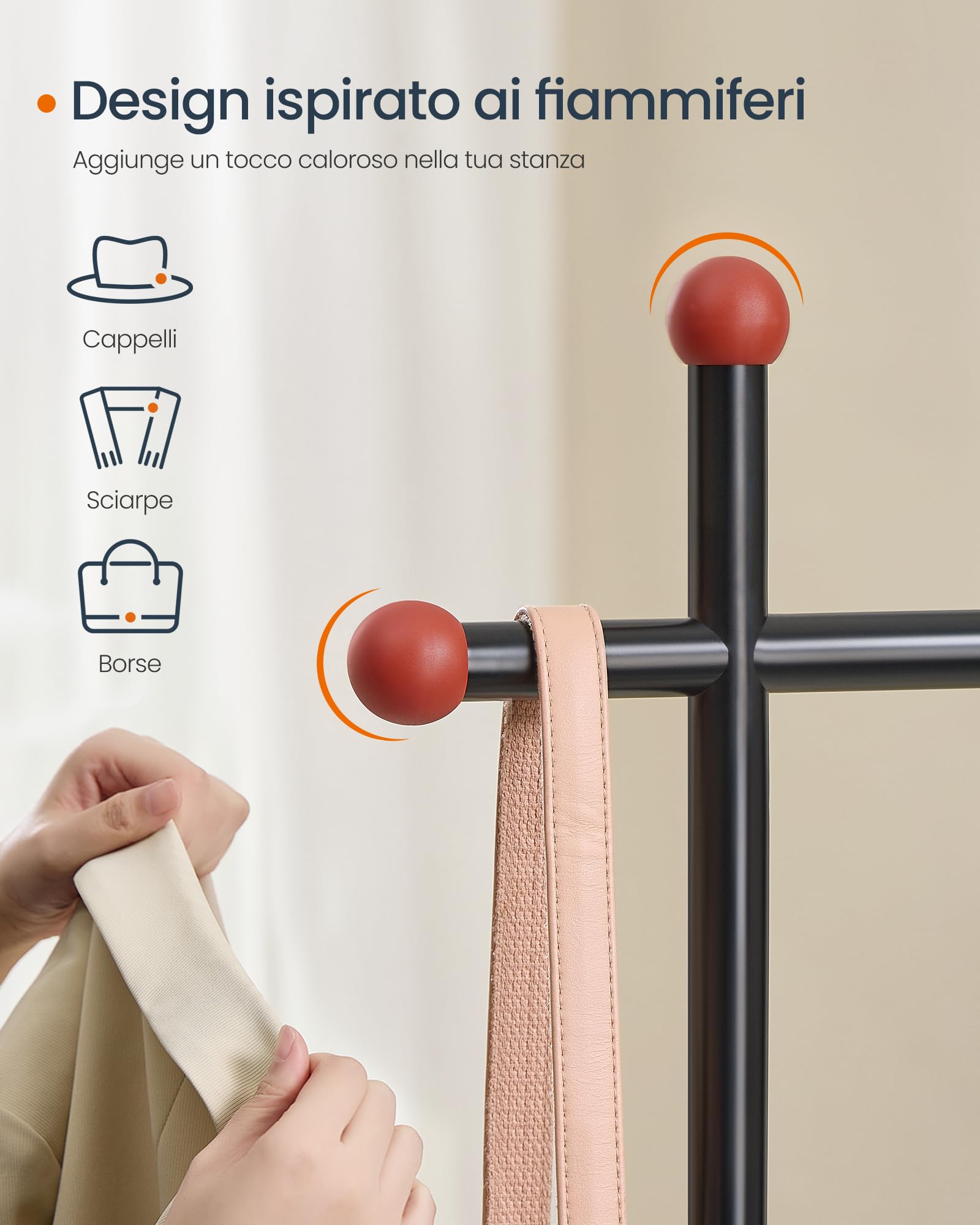 SONGMICS HOME Stand Appendiabiti, Guardaroba Aperto, 6 Ripiani Portaoggetti, 2 Barre, Ganci a Forma di Fiammifero, Armadio Camera da Letto, Noce Naturale e Nero Inchiostro RGR012B01