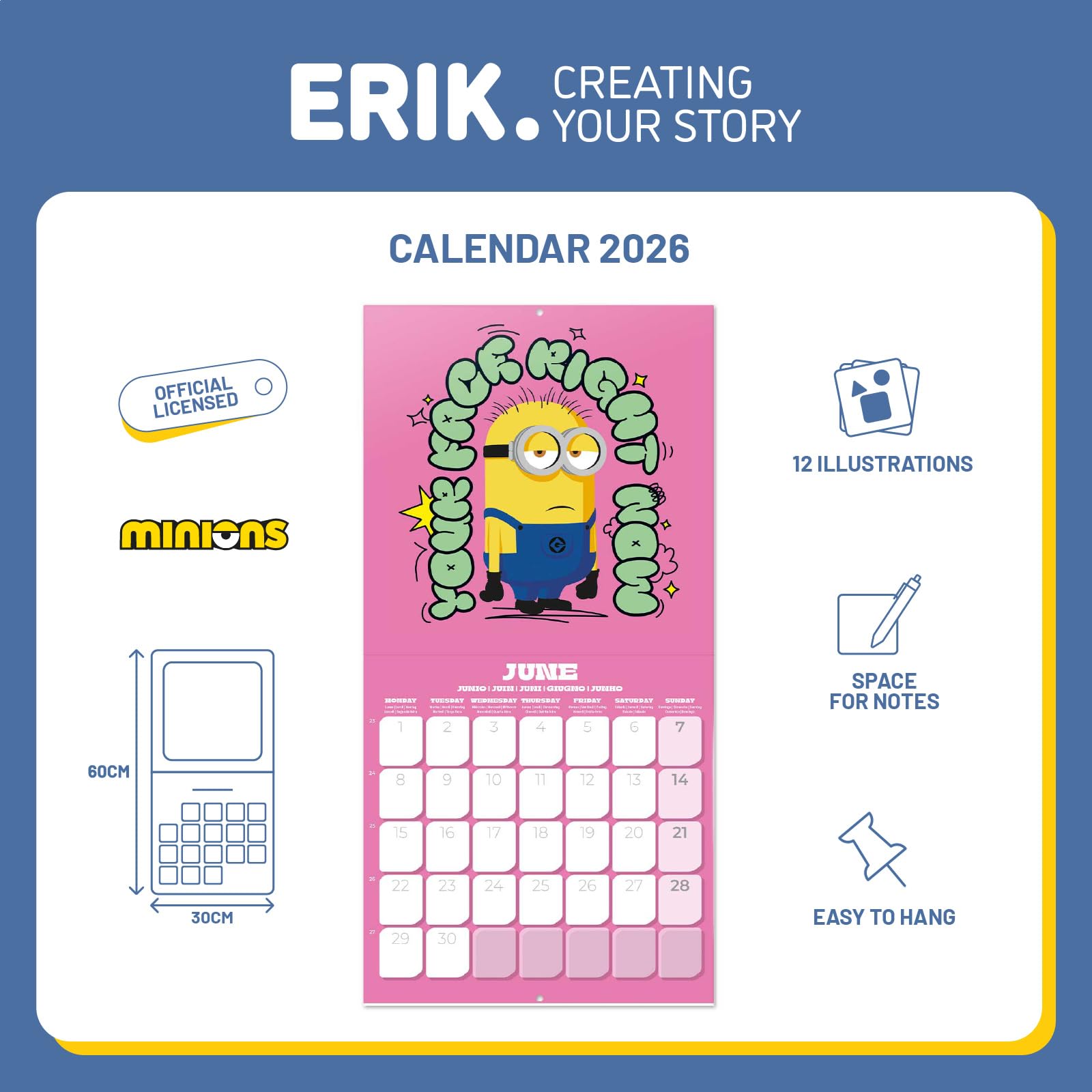Grupo Erik Wall Calendar 2026 - Minions Calendar 2026 | Square 30 x 30 cm - 12 x 12 inches Wall Planner, Family Planner Month To View | Minions Gifts, Minion Gifts For Friends