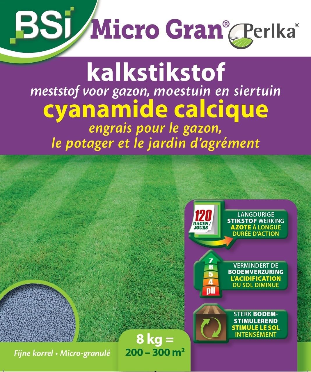 BSI - Engrais Gazon - Micro Gran - Adapté Pour Le Potager Et Jardin - Stimule Les Sols - Diminue l'Acidité - Cyanamide Calcique - Jusqu'à 200m² - 8Kg