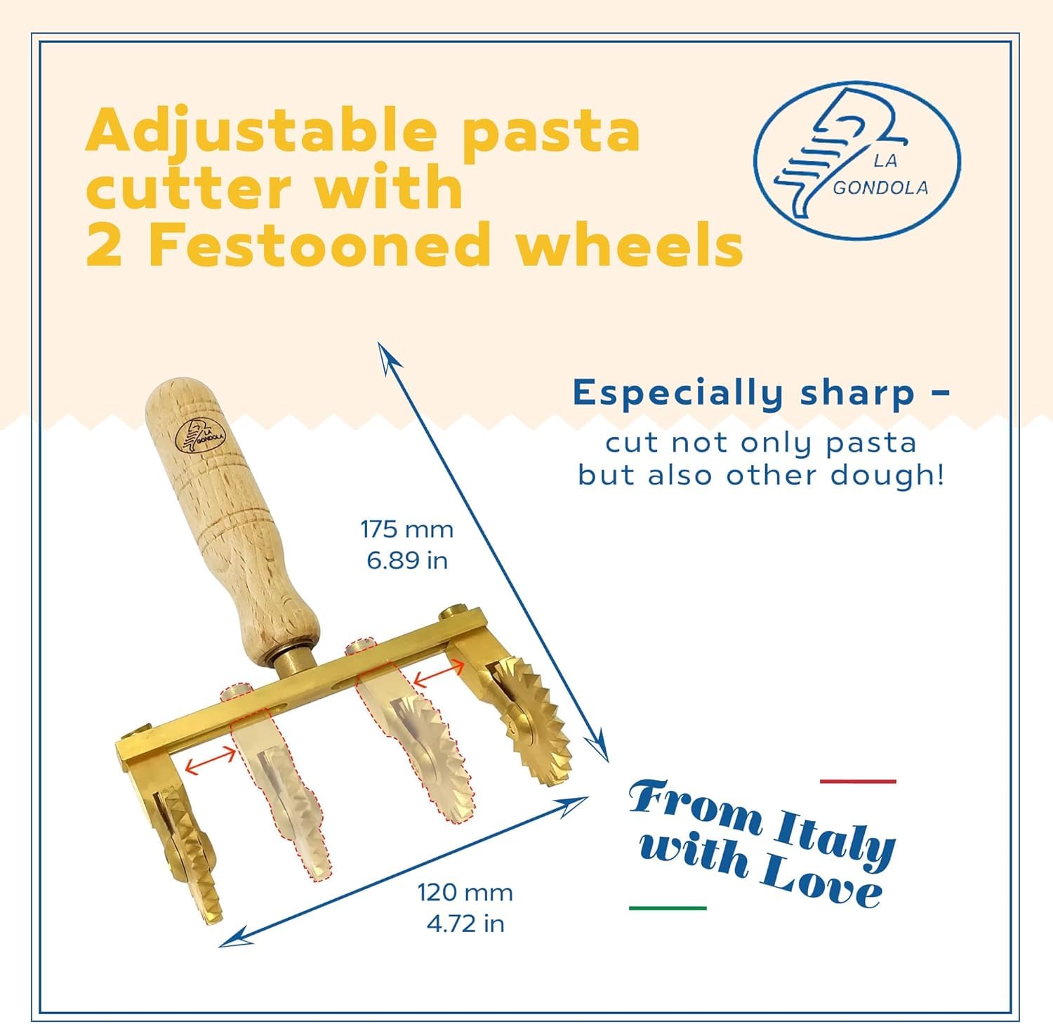 LA GONDOLA Set 2 pz Rotella Tagliapasta Doppia Regolabile Liscia e Rotella Doppia Regolabile Festonata a Stella in Ottone ed Impugnatura Legno, Prodotto Artigianale Made in Italy