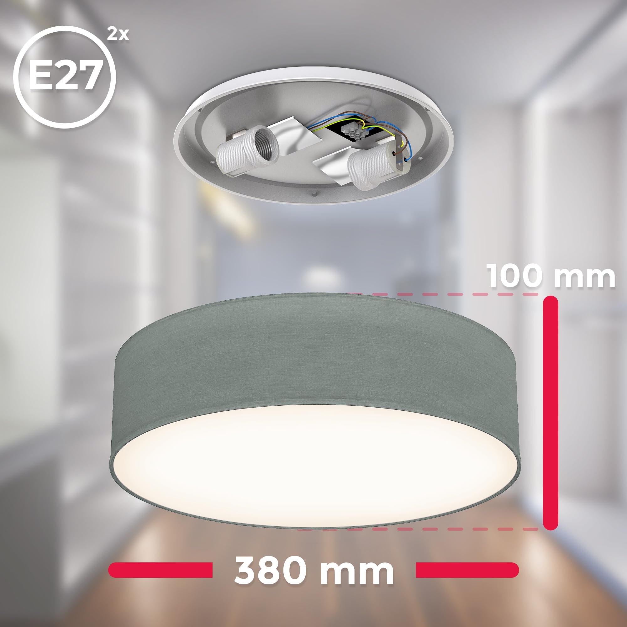 B.K.Licht - Lámpara de techo textil, Pantalla de tela, Fácil de montar, Plafon Techo Luz suave, 2 Casquillos E27 Max 40W, elegante Plafon Techo Dormitorio, Cocina, Salón, Ø 38cm, Sin bombilla, Gris