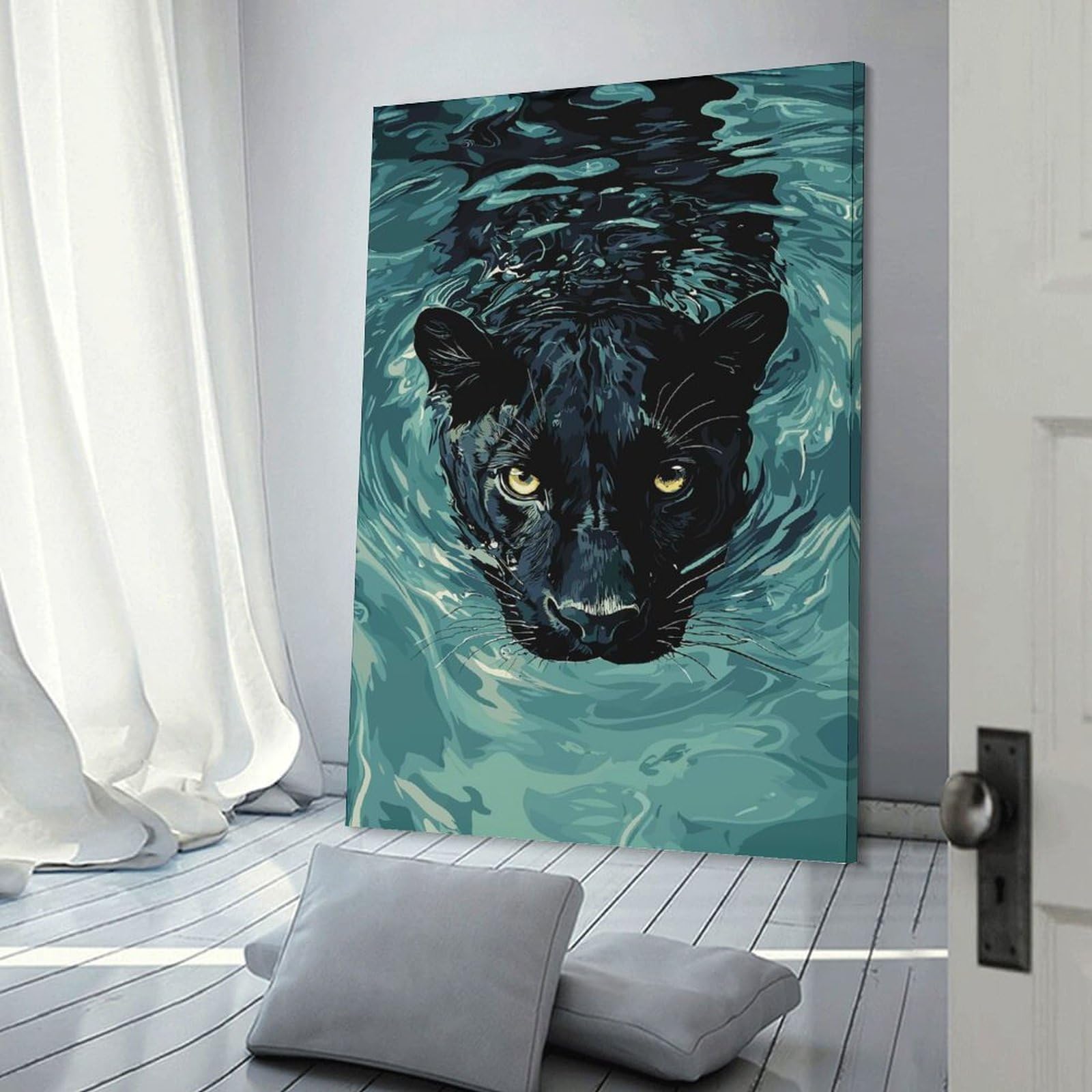 Junmoney Canvas Wall Picture Black Panther Swimming in Water, 24x36inch(60x90cm), for Office, Study Or Home Workspace, Canvas Wall Decor for Creative Rooms
