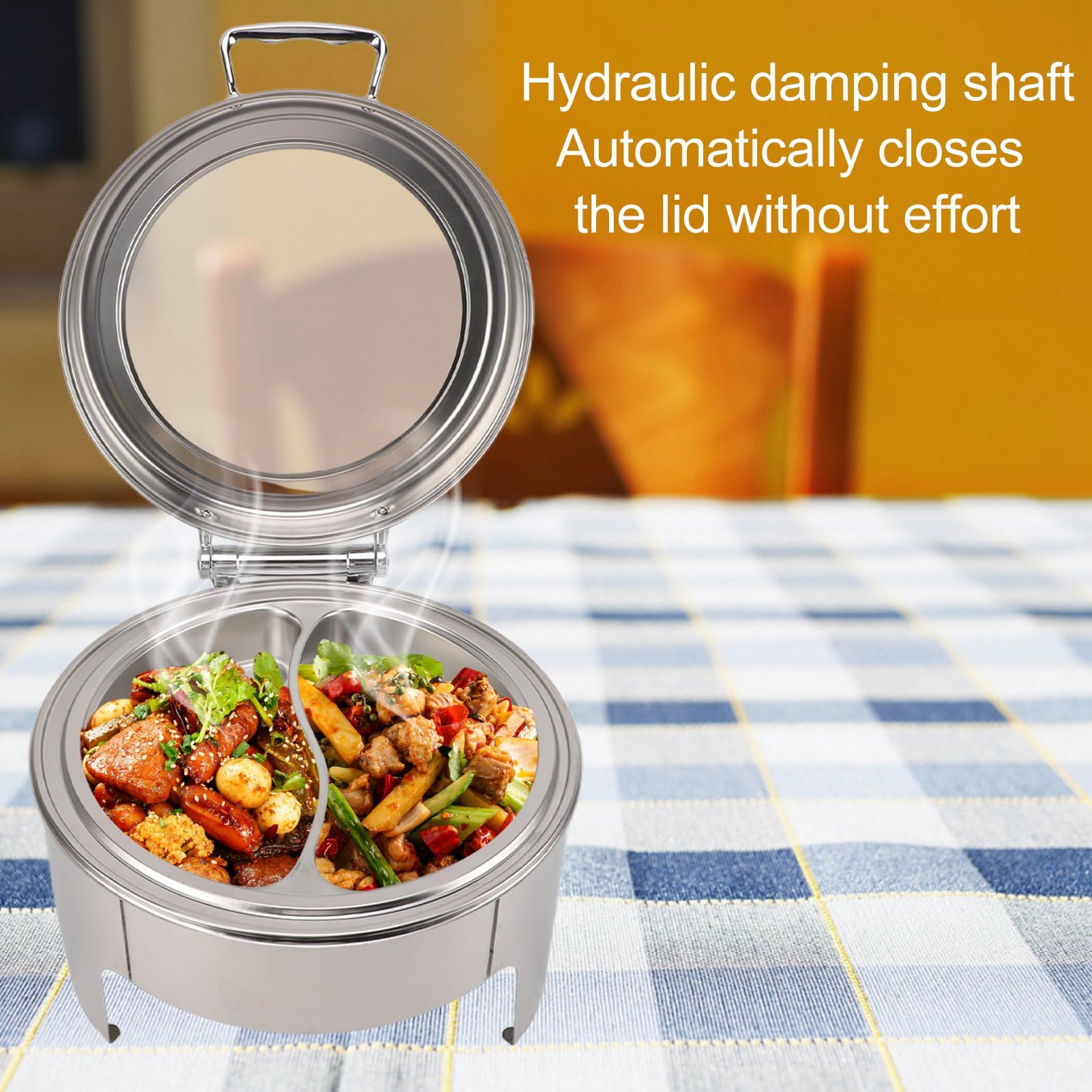 lyrlody Plato Redondo de Acero Inoxidable de 6 Litros, Servidor de Buffet con Tapa de Vidrio Visible, Calentador de Alcohol, Tapa Abatible de 90°, Sartén Profunda, Acabado Espejo para Buffet,