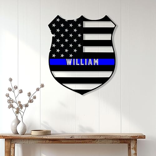 Miniatura 3 de Letrero de metal personalizado de policía, bandera estadounidense delgada con línea azul, letrero colgante de bienvenida al aire libre, porche al