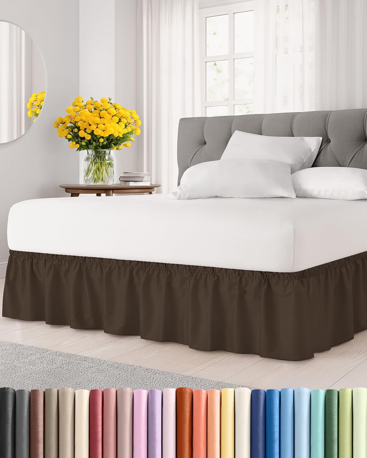 Photo 1 of Wrap Around Dust Ruffle Bed Skirt - Brown - for King Size Beds with 12 Inch Drop - Easy Fit Elastic Strap - Adjustable Pleated Bedskirt w/Brushed Fabric - Wrinkle Free - for Women, Men, Kids & Teens