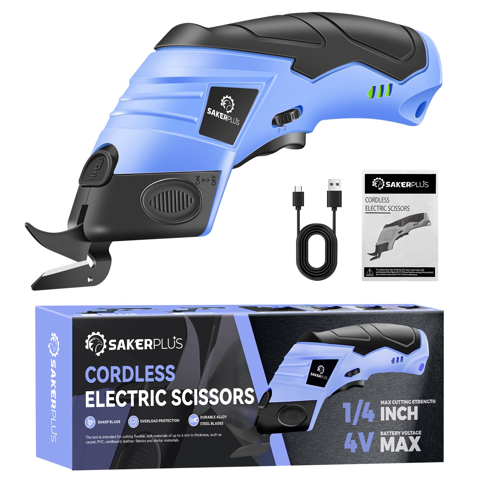 Sakerplus Cordless Electric Scissors, Fabric Scissors, Powerful Shears, Rechargeable Cardboard Cutter (Blue-Box(1 Tungsten Steel Blade))