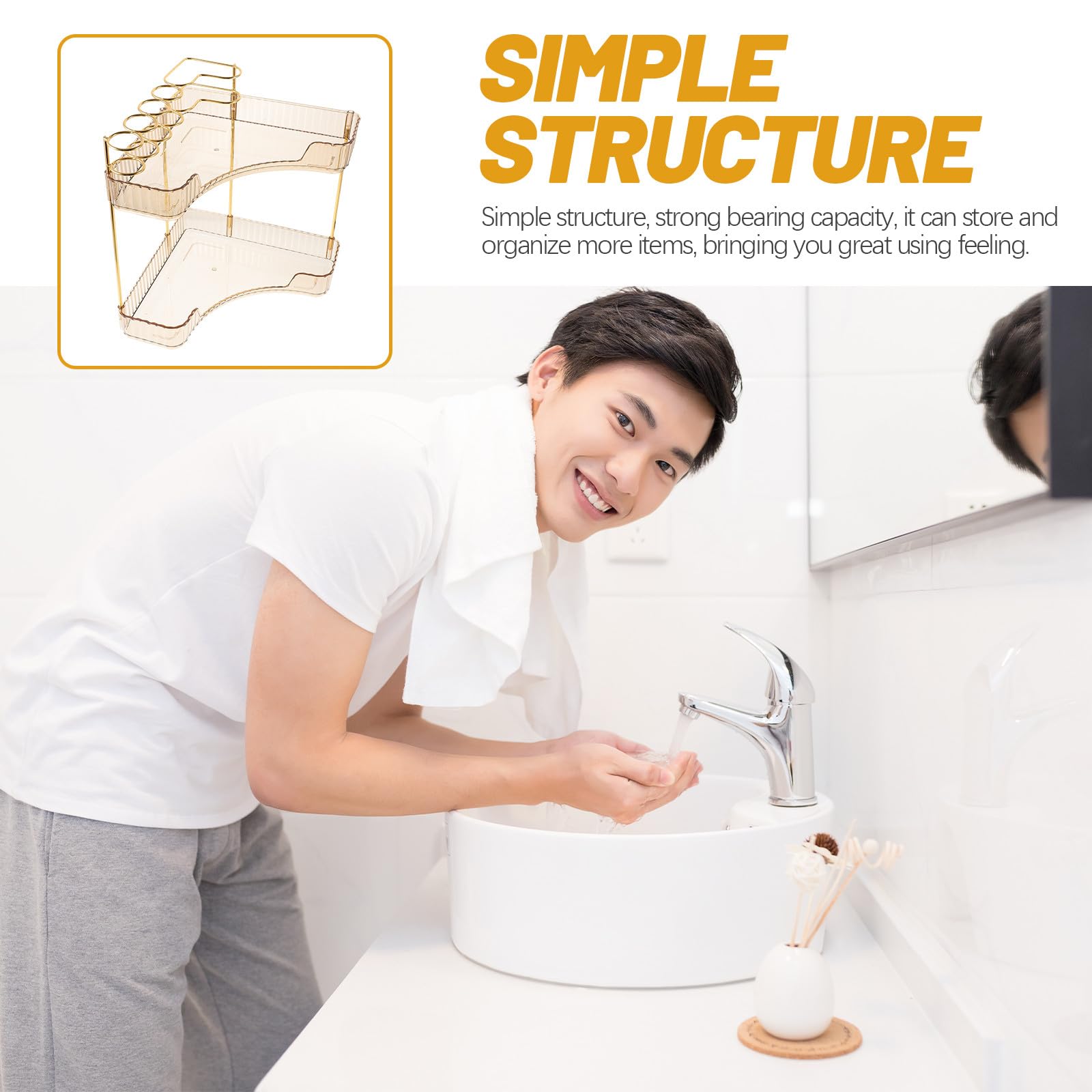 Organizer da Bagno Angolare in Metallo Oro a Doppio Livello, Struttura Semplice e Capacità di Carico Elevata, per Piano Lavabo la Conservazione Cosmetica