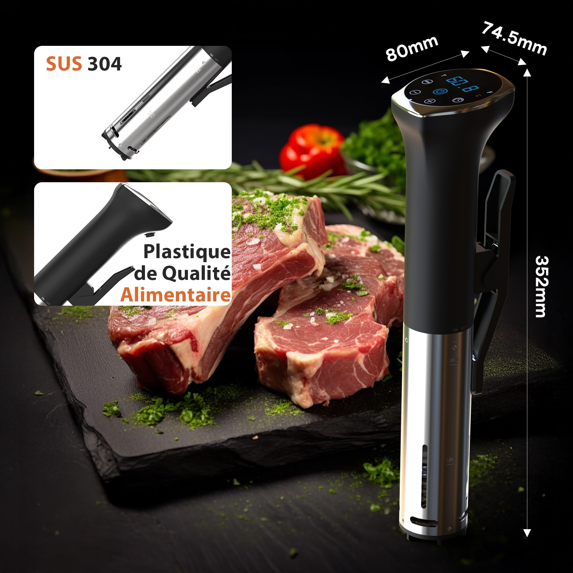 Cuiseur Sous Vide, Cooksir 1400W Sous Vide Cuisson, LED Commande tactile, IPX7, Boîtier en Acier Inoxydable, Argenté, 360° Cycle, 10°C-90°C, 1-99 minutes, Prise