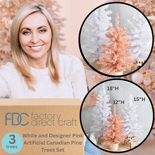Miniatura 10 de Factory Direct Craft - Juego de 3 pinos artificiales canadienses blancos y rosados surtidos de diseñador, color rosa rubor para Navidad, San