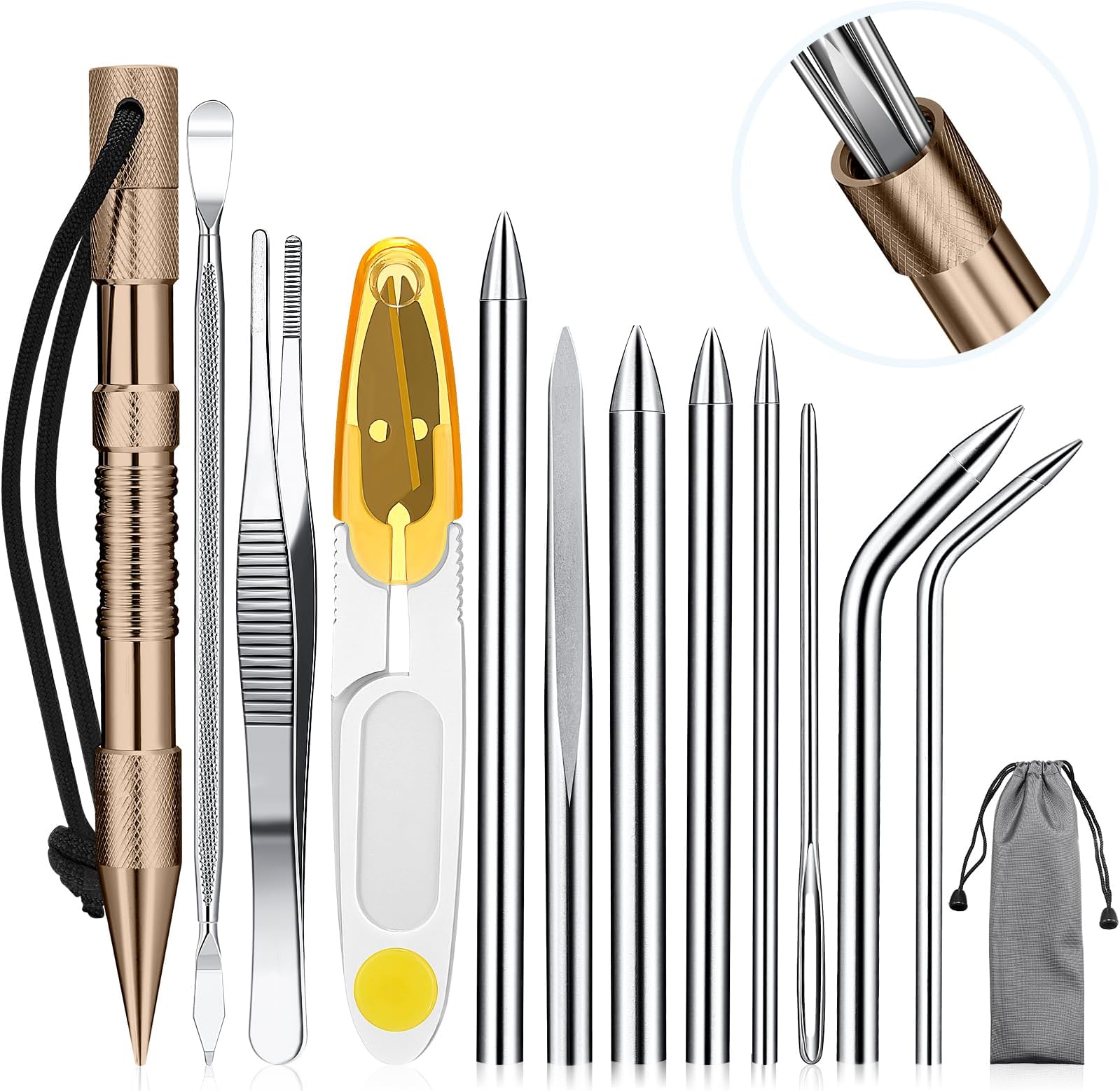 Ferraycle 12 Pcs Paracord FID Set Stainless Steel Knotter Tools Marlinspike Set Paracord Stitching Lacing Stitching Needles and Smoothing Tool Knotter Tools for Work Leather Weaving(Khaki)