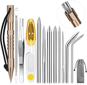 Ferraycle 12 Pcs Paracord FID Set Stainless Steel Knotter Tools Marlinspike Set Paracord Stitching Lacing Stitching Needles and Smoothing Tool Knotter Tools for Work Leather WeavingKhaki