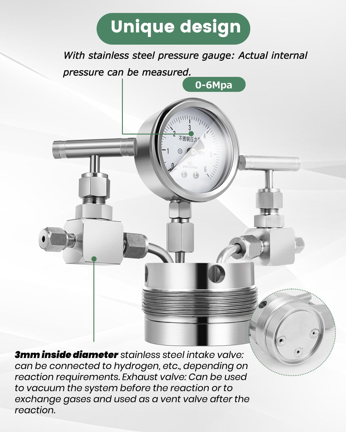 Huanyu 6MPa Autoclave de alta presión 50ml 180℃ Reactor PTFE Liner con manómetro de entrada de gas Salida (50ml)