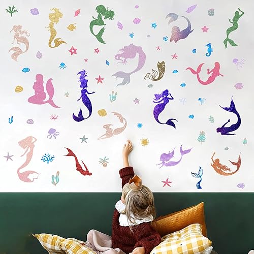 Miniatura 5 de Calcomanías de pared de princesa de sirena, bajo el mar, océano, sirena, calcomanías de pared, despegar y pegar, juego de silueta de sirena para