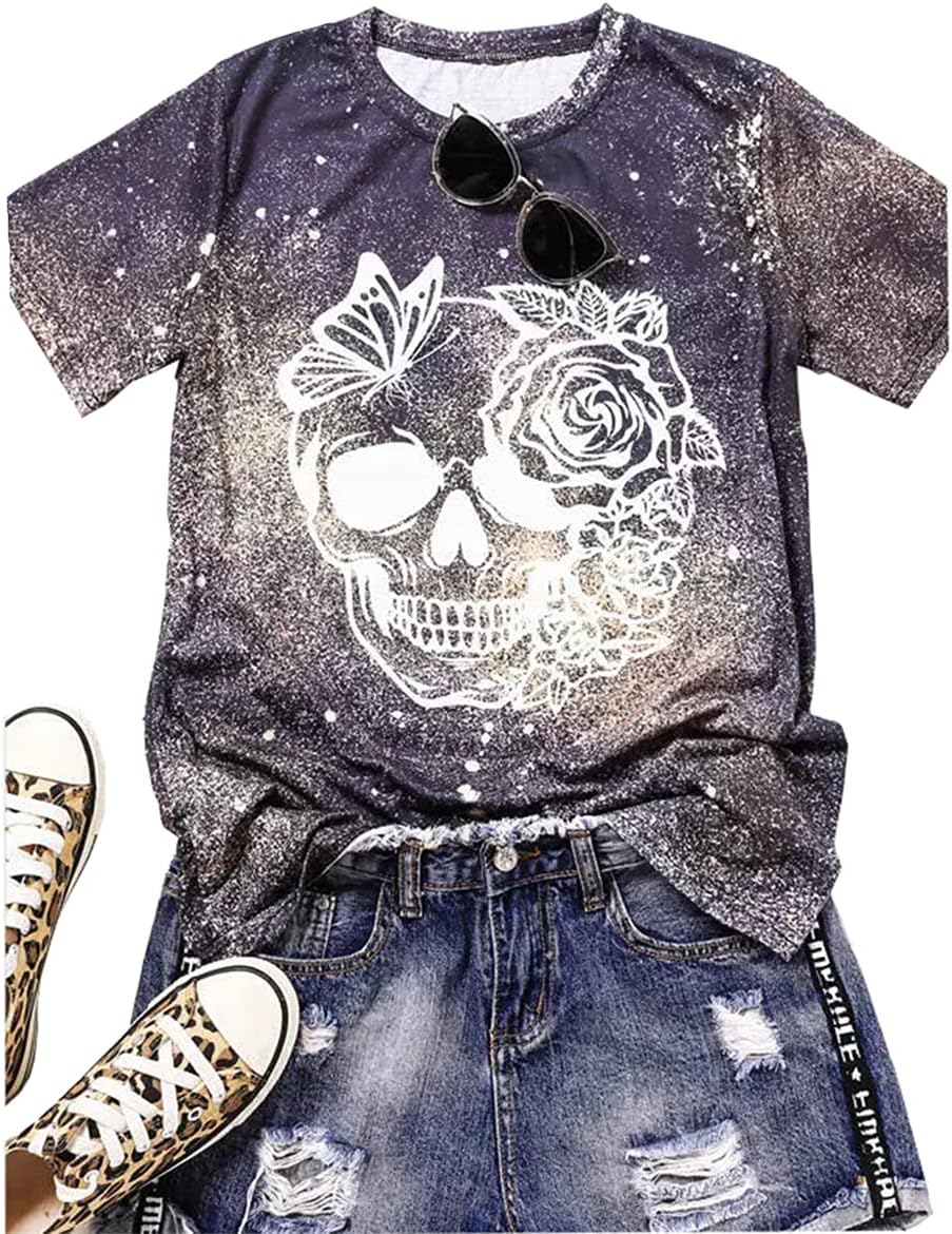 Skull Floral T-Shirt Women Funny Skull Face Graphic Shirt Vintage Summer Casual Short Sleeve Tops Tee