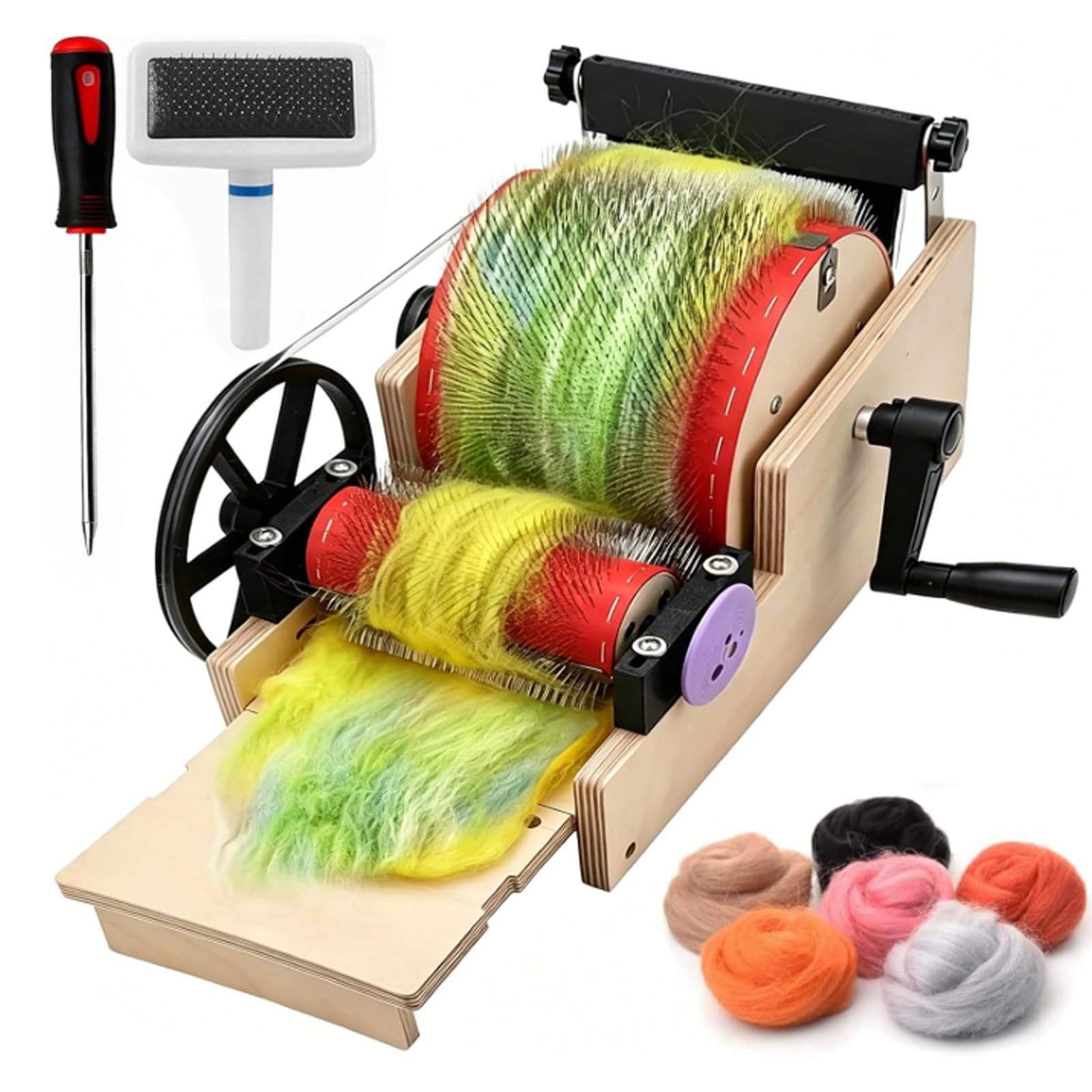 ZyKnaurral Manual Wide Drum Wool Carding Machine, Drum Carder with Hand Crank, Even Fiber Distribution, Fast Color Blending for Sheep Fleece Combing Spinning Felt Projects 12cm