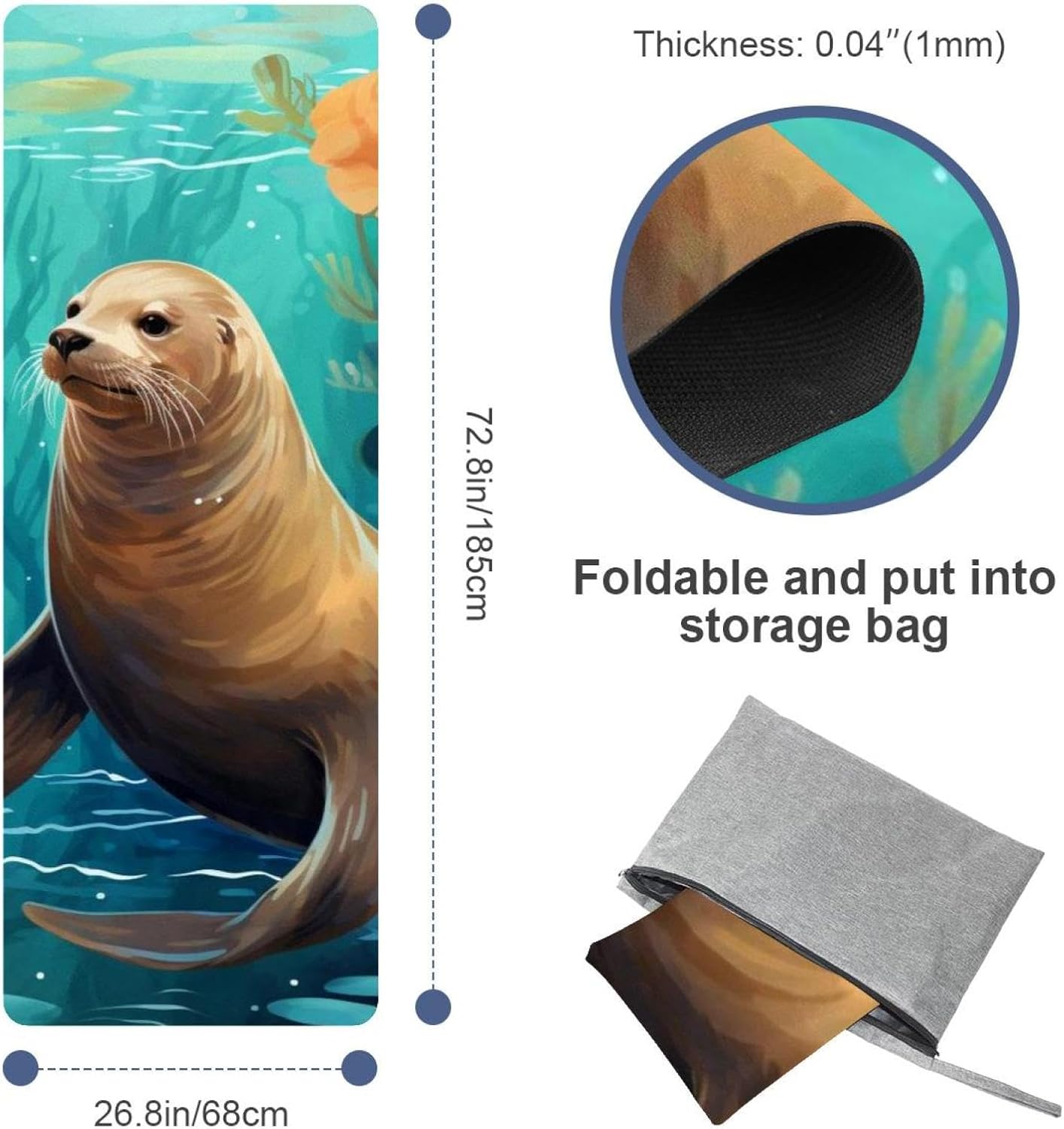 Yoga Towel, Sea Lion Pattern Non Slip Sweat Absorbent Hot Yoga Mat Towel for Hot Yoga, Pilates and Fitness - 72.8" x 26.8"