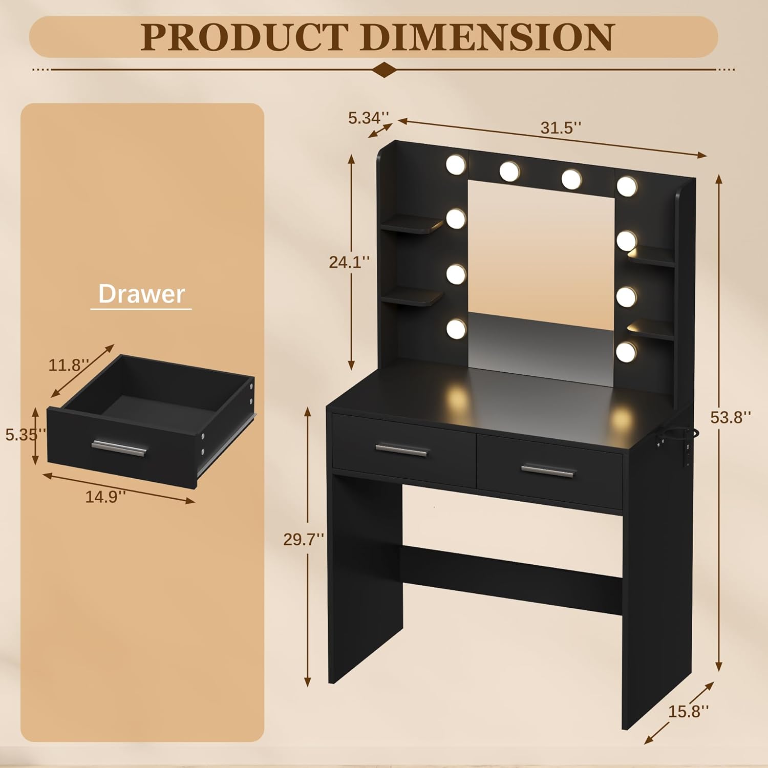 Product dimensions of the Furmax Vanity Desk, showing height, width, and depth measurements for the desk and drawers.