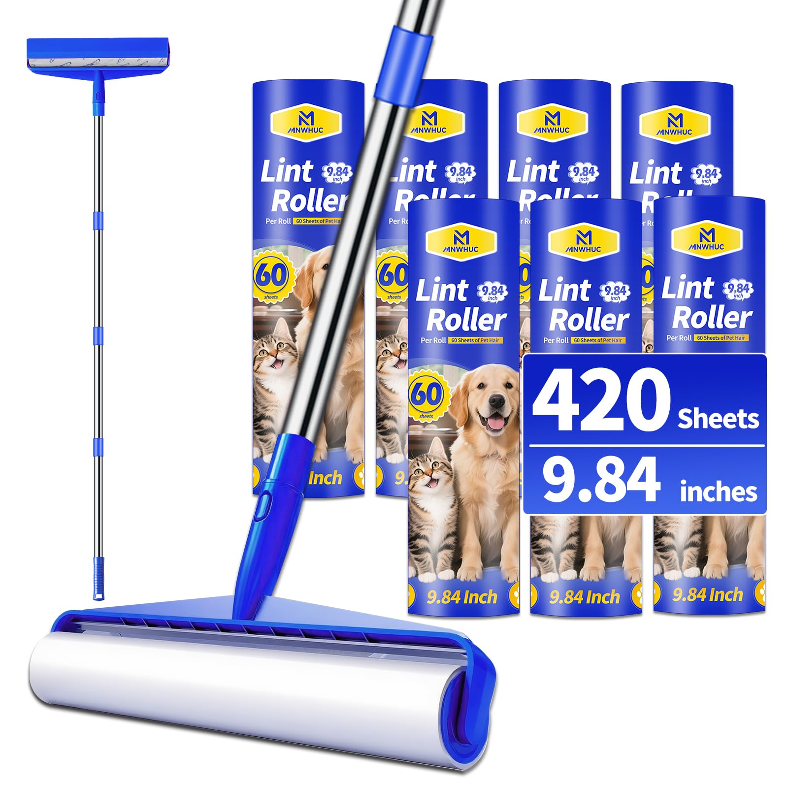 Fusselrolle, extra klebrig, 25 cm, langer Griff, Fusselentferner mit 7 Rollen für Kleidung, Katze, Hund, Tierhaare, Möbel, Couch, Teppich, Boden, bemalte Wand, Wischmopp, Staubreinigung, 25 cm