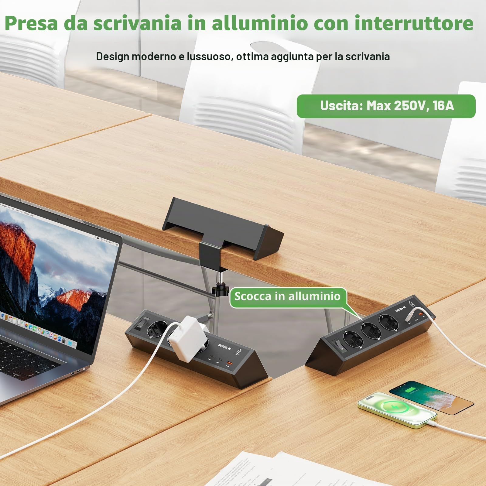 HANNELORE Presa da Tavolo con 2 USB C PD 65W, Alluminio Presa Multipla da Tavolo a 3 Vie Cavo 3 m, Presa da Tavolo Presa Multipla per mobili o Piani di Lavoro