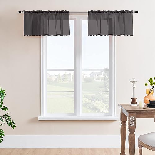 MISS SELECTEX Cenefa corta con pompones para ventana, juego de 2 paneles, cortinas semitransparentes para sala de estar, dormitorio, cortinas