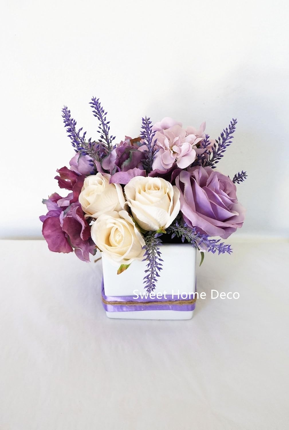 Silk Mixed Floral Rustic Wedding Bouquet in Lavender Purple Ivory Bridal Bouquet Bridesmaid Bouquet Boutonniere (8''T Lavender Arrangement)