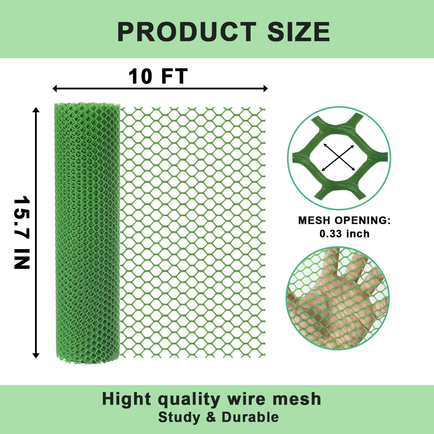vensovo Green Plastic Wire Mesh Fence 15.7IN x 10FT Roll - Chicken Wire Fencing for Poultry, Gardening Barrier, Balcony Guard for Cats and Dogs, Floral Craft Mesh with 20 Zip Ties
