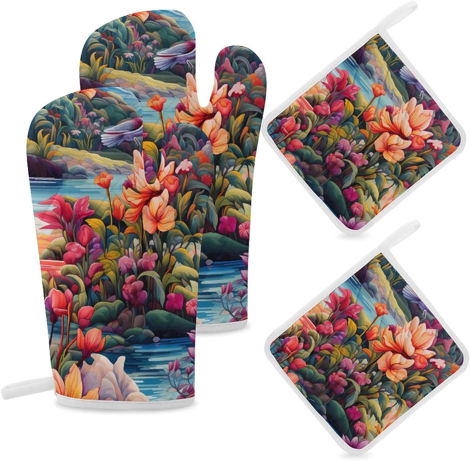 Flowers with Birds 4 Pcs Oven Mitts and Pot Holders Set High Heat Resistant Long Kitchen Oven Glove Potholders