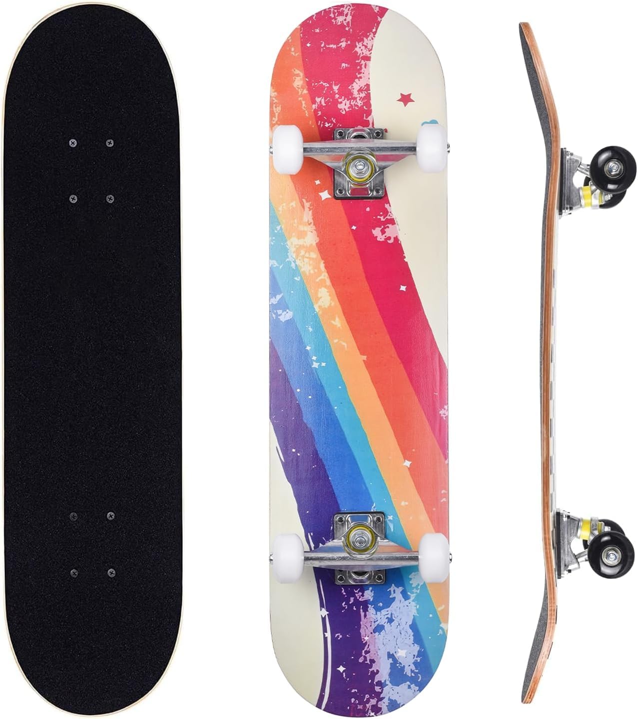 ERNAN Complete Skateboard for Beginners,31 x 8 Inch Double Kick Skateboard for Kids Teenagers & Adults. with Skate T-Tool. (rainbow stripes)