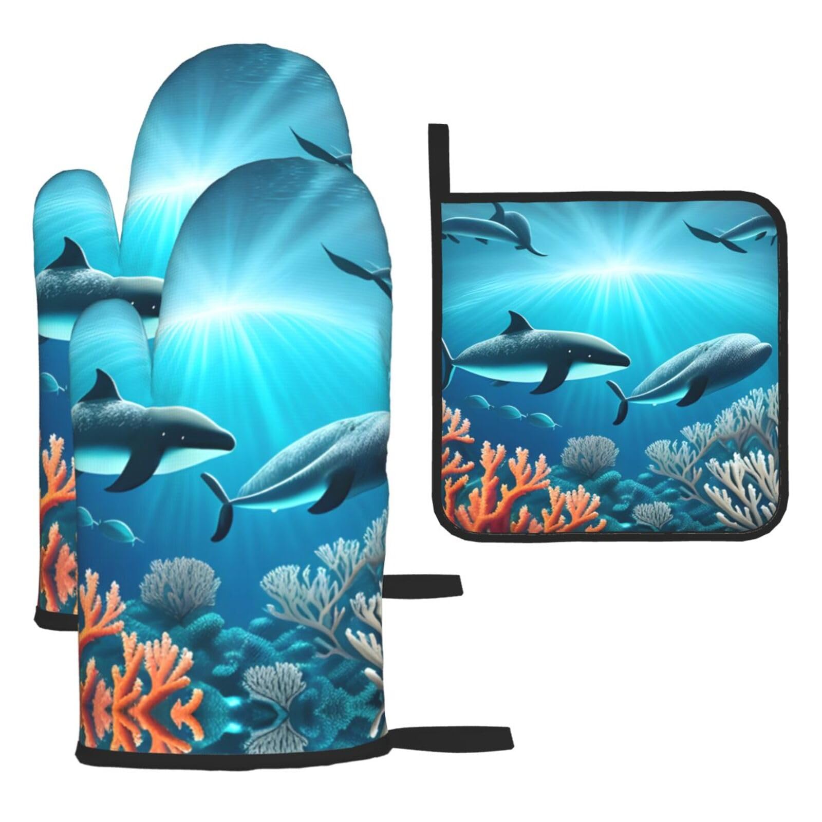Whales under the sea Printed Oven Mitt Set 3-Piece | Heat Resistant Gloves & Pot Holder Mat for Cooking, Baking & BBQ
