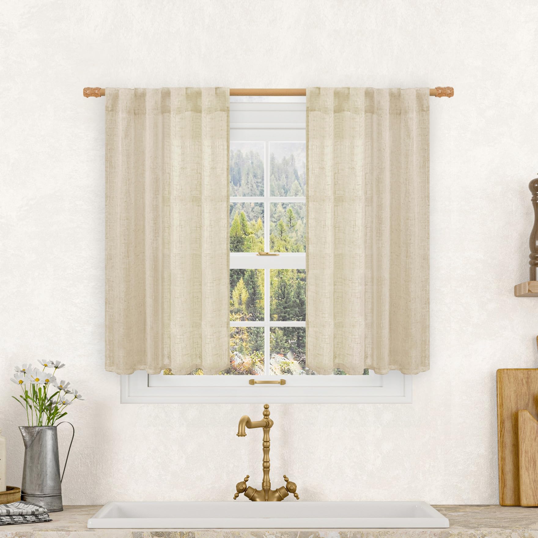 LAMIT Semi Sheer Linen Curtains 40 Inch Length for Cafe Small Windows