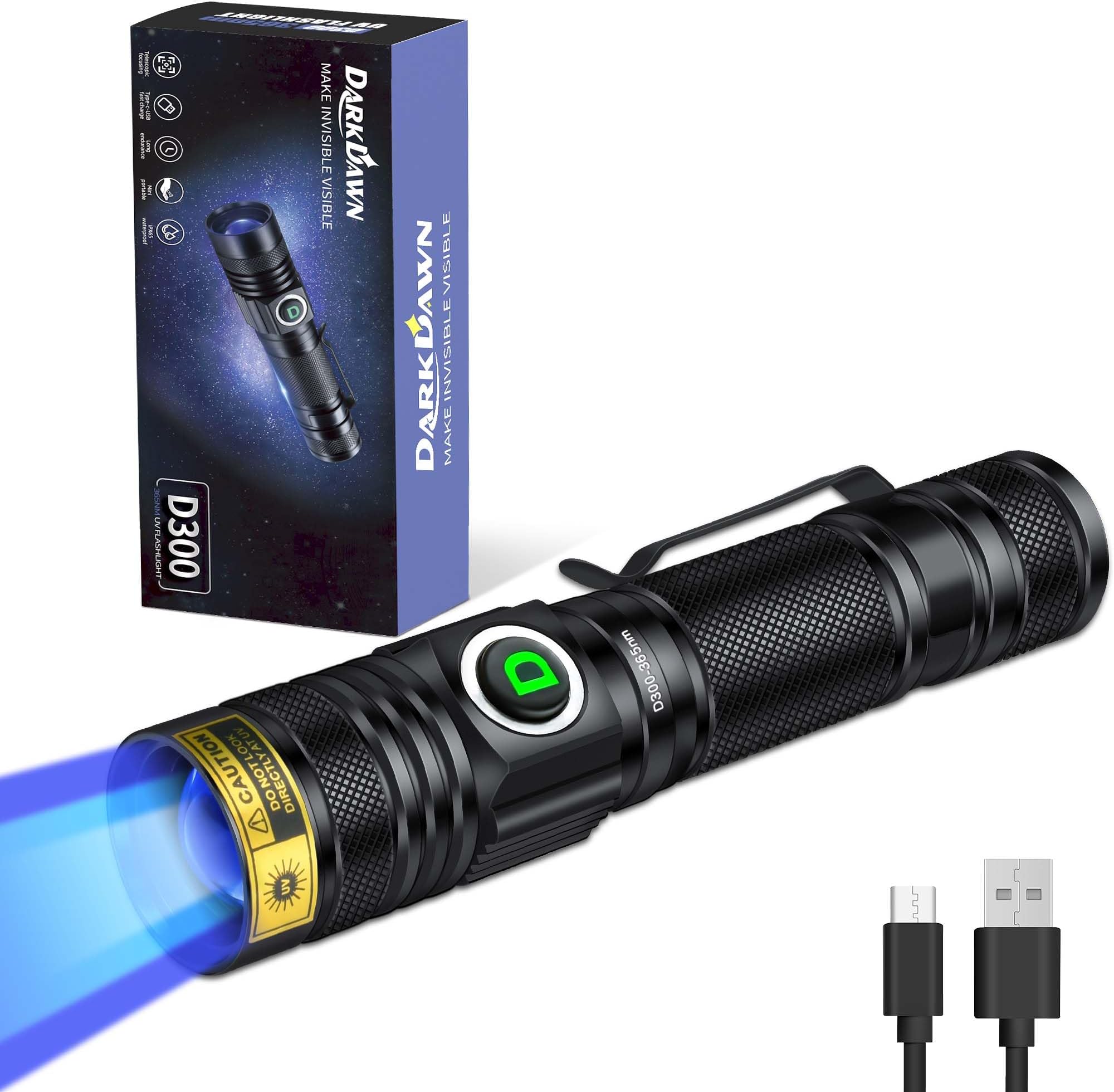 DARKDAWN UV 365nm Light Flashlight USB Rechargeable Ultraviolet LED Woods Lamp Portable Blacklight for cat Urine Detection Dry Stains, Uranium Glass, Resin Curing, D300 365 nm