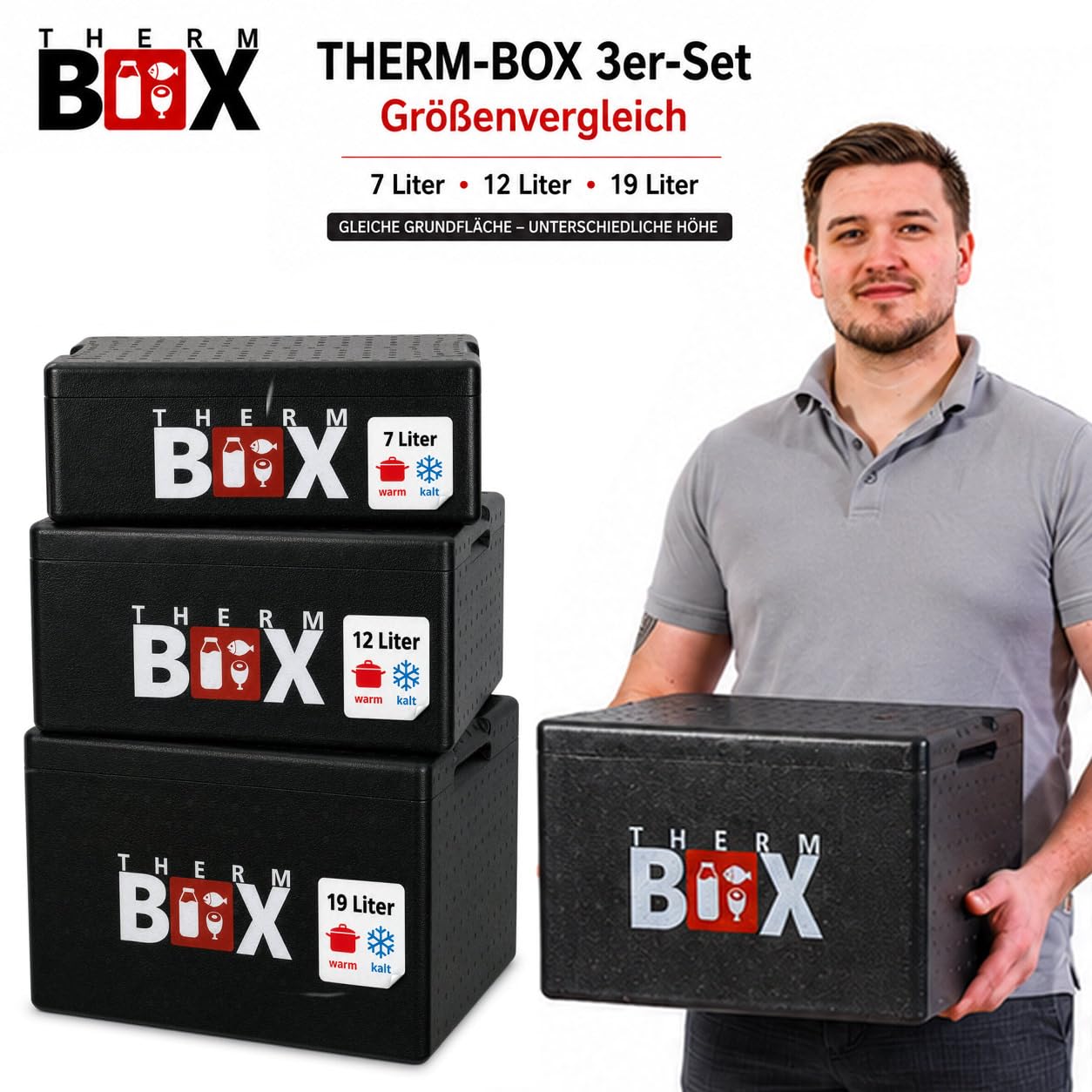 THERM BOX 3er Set Thermobox 7B 12B 19B Innen L33,5 x B23,5 cm Innenhöhen 9/15/27cm Wandstärke 3cm Isolierbox Kühlbox Warmhaltebox Styroporbox Wiederverwendbar