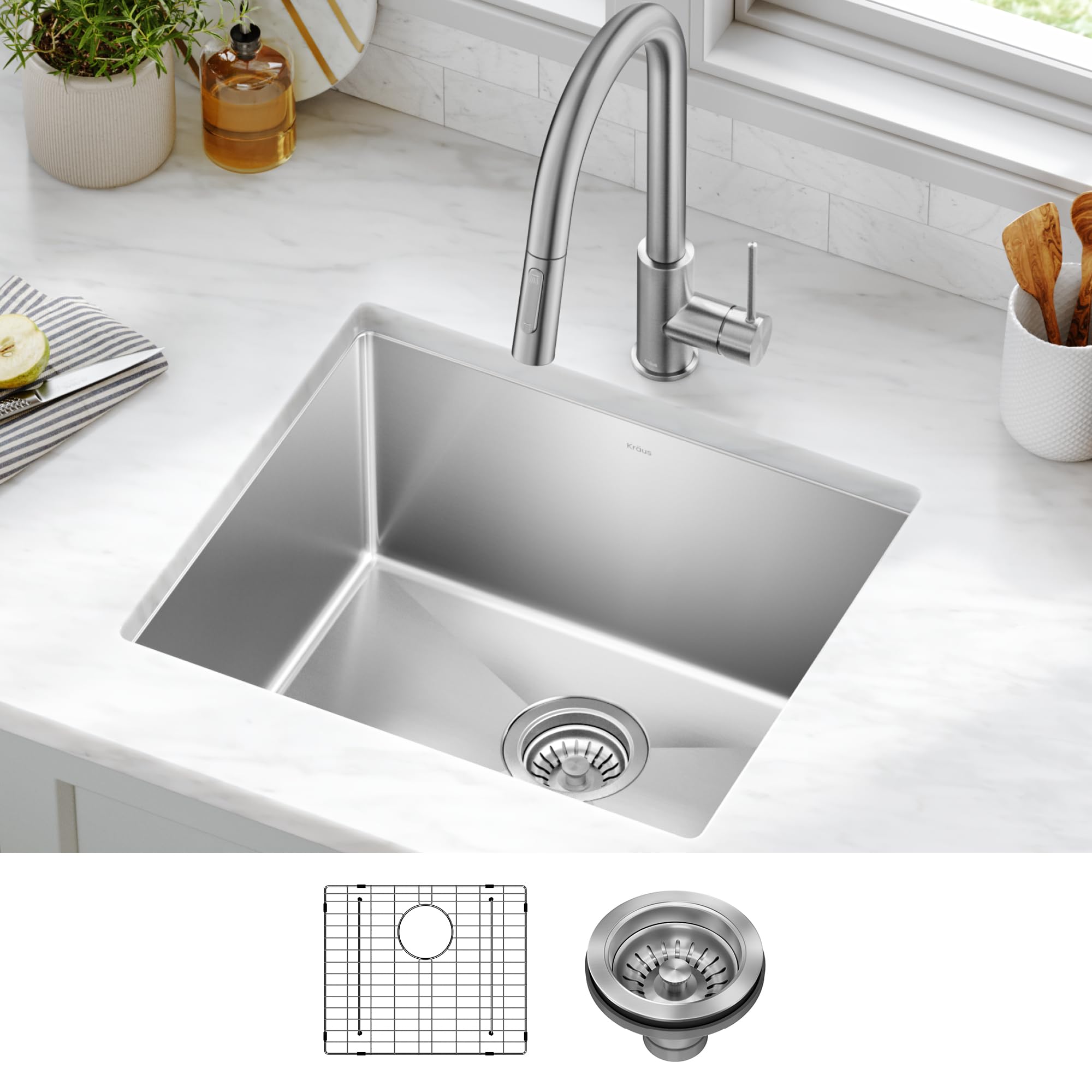 Kraus KHU101-21 Standart PRO 16 Gauge Unterbau Single Bowl Set (4 Artikelbündel: Spüle, Untergitter, Ablaufmontage, Küchentuch), 53,3 cm, Edelstahl
