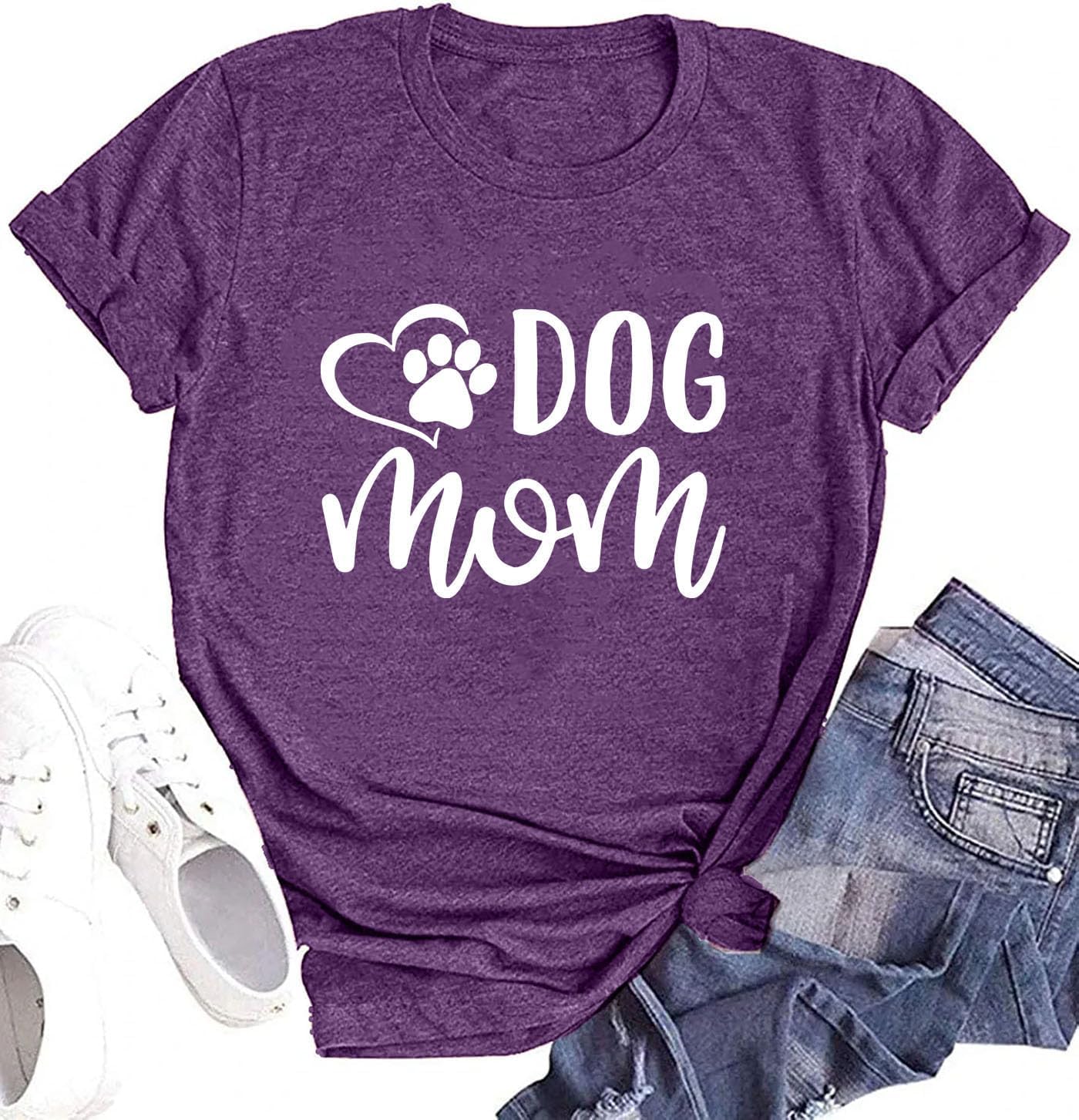Dog Mom Shirts for Women Cat Dog Paw Graphic O Neck Short Sleeve Gifts Girls Heart Tee Tops