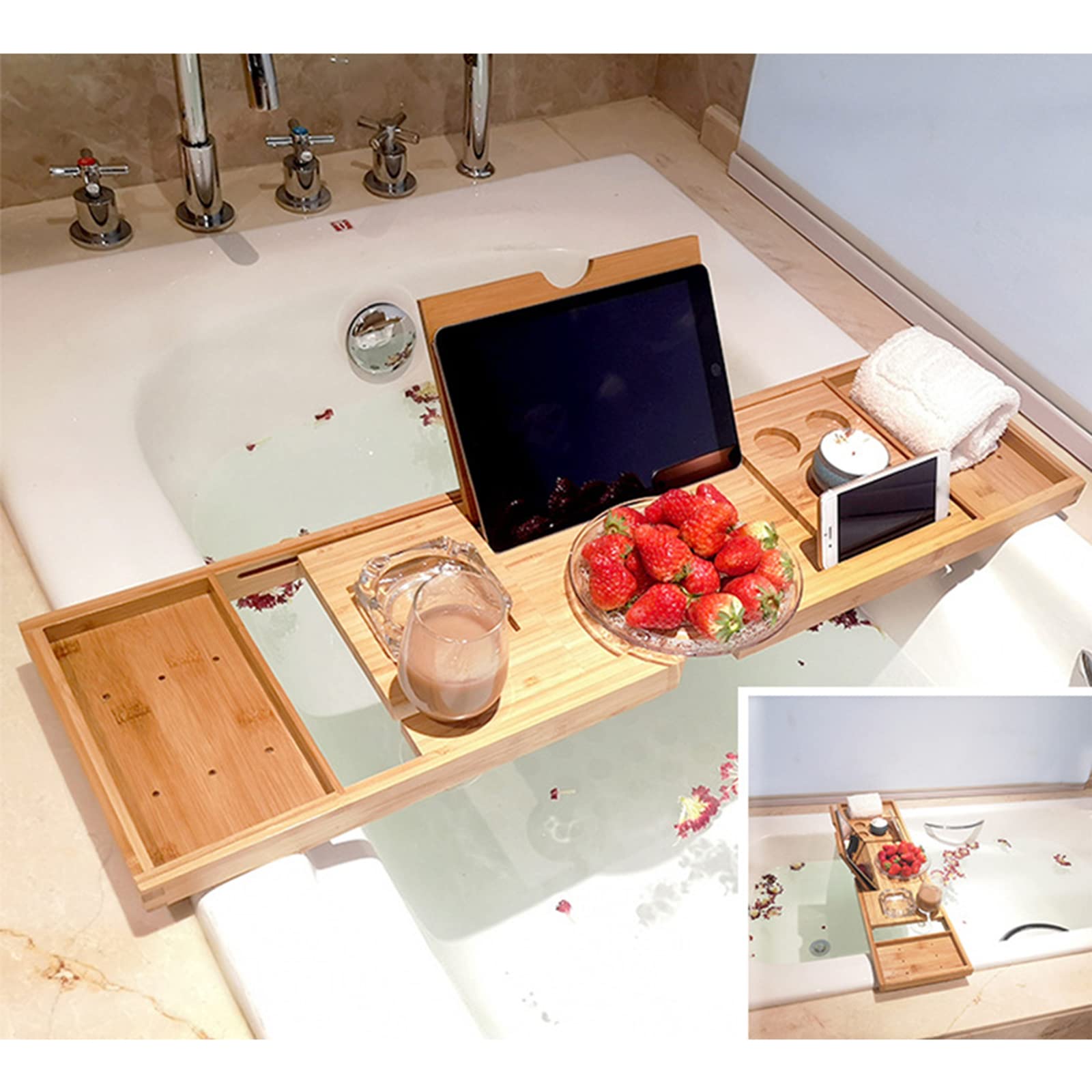Bandeja de bañera para adultos, de madera expandible con soporte para teléfono, ranuras para copas de vino y soporte para libros, accesorio de relajación premium para experiencia de spa