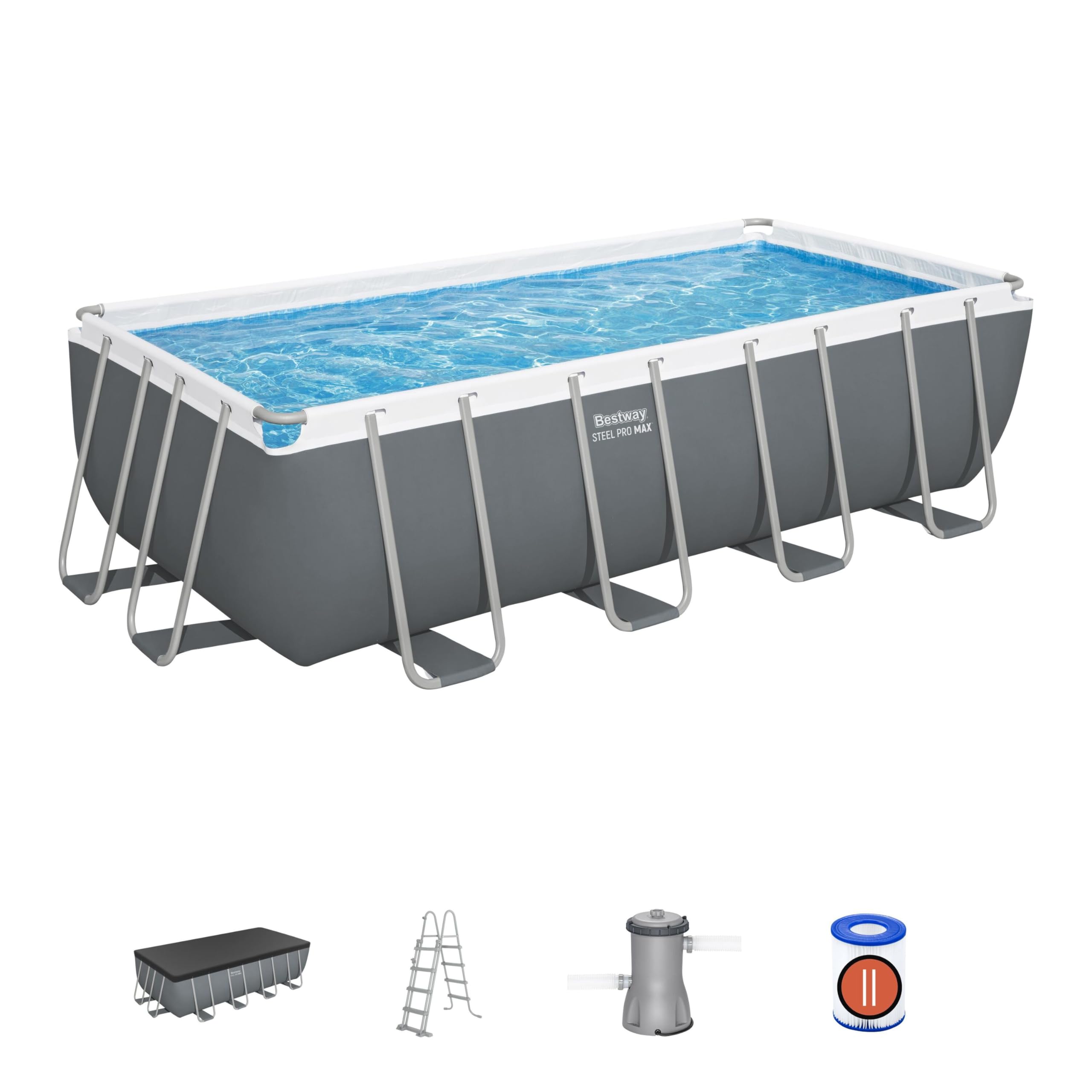 Bestway - Piscine Hors Sol Steel Pro Max, Filtre à Cartouche, bâche, échelle - 488 cm x 244 cm x 122 cm - Gris foncé