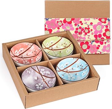 Ceramic Rice Bowls 10 oz, Sakura Bowl Gift Set, Assorted Color Dinnerware Serving Bowls for Rice, Cereal, Noodle, Soup, Desserts, Pack of 4 Cherry Blossom
