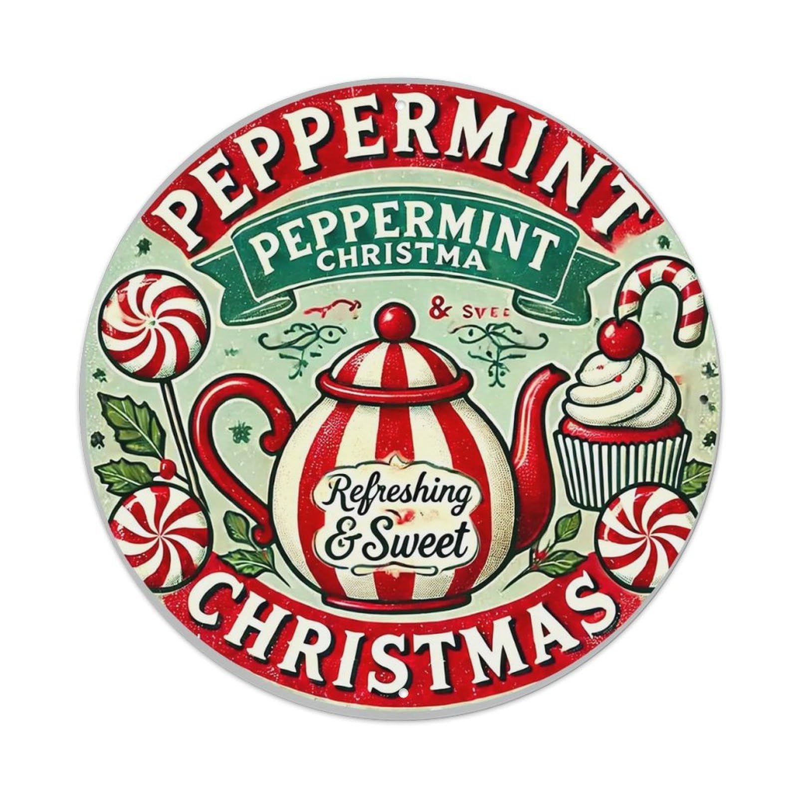 Peppermint Christmas Teapot Cupcake Candy Round Metal Tin Sign Vintage Wall Decor, Bar Garage Cafe Kitchen Home Wall Art Poster 8x8inches