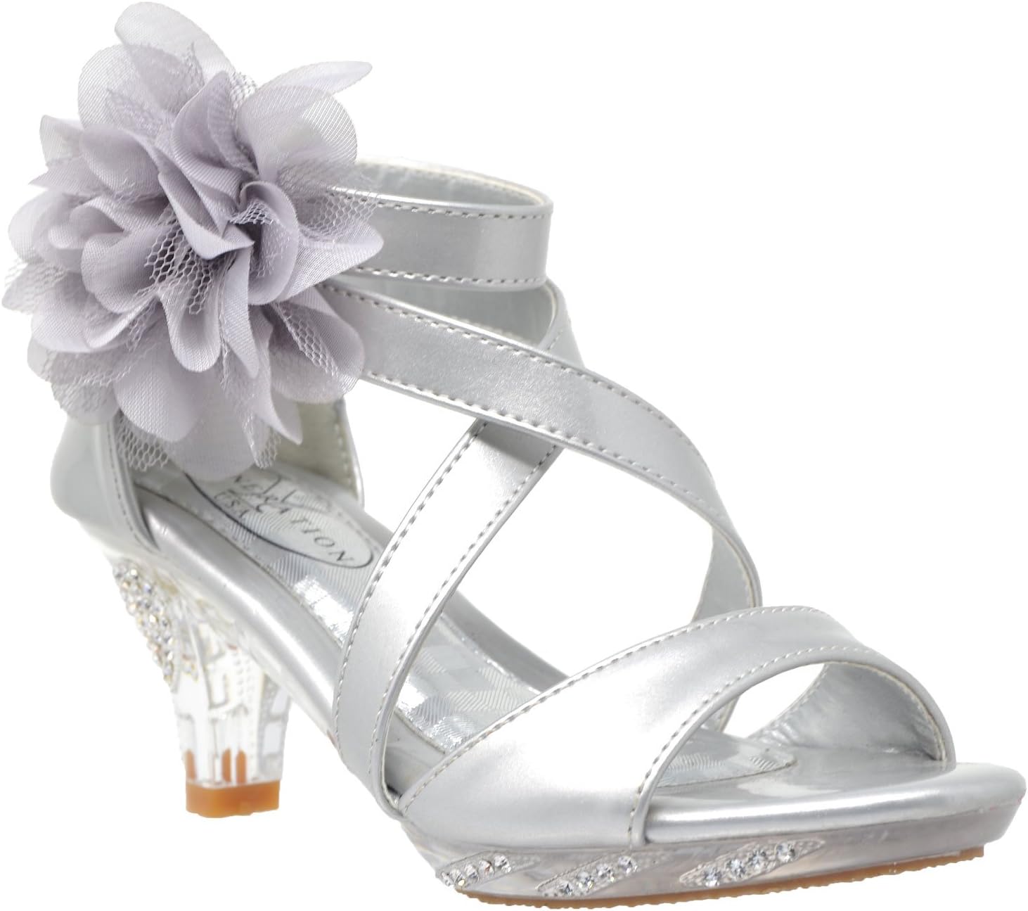 Generation Y Kids Dress Sandals Girls Clear Rhinestone Low Heels Side Flower Back Zipper Open Toes