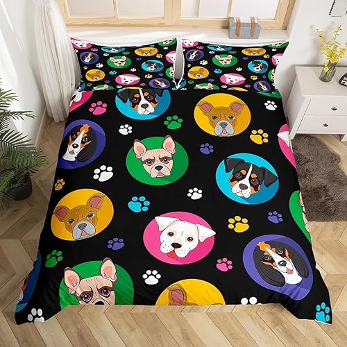 Manfei Juego de funda de edredón de perros lindos tamaño matrimonial, juego de ropa de cama colorido con estampado de patas de perro, 3 piezas para