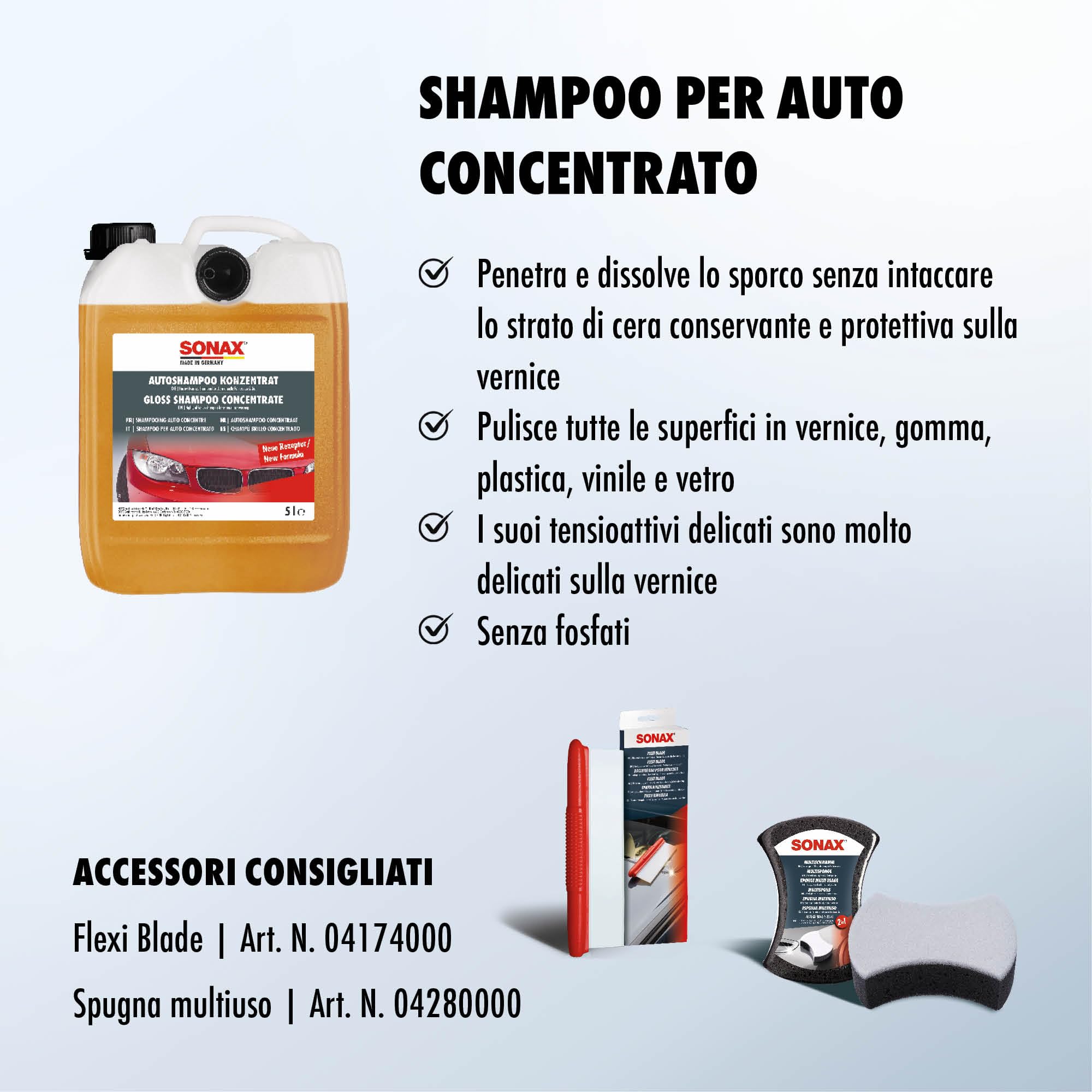SONAX Shampoo Concentrato Auto (5 Litri) penetra e scioglie lo sporco.Adatto per superfici in vernice, gomma, plastica, vinile e vetro | Art. 03145000