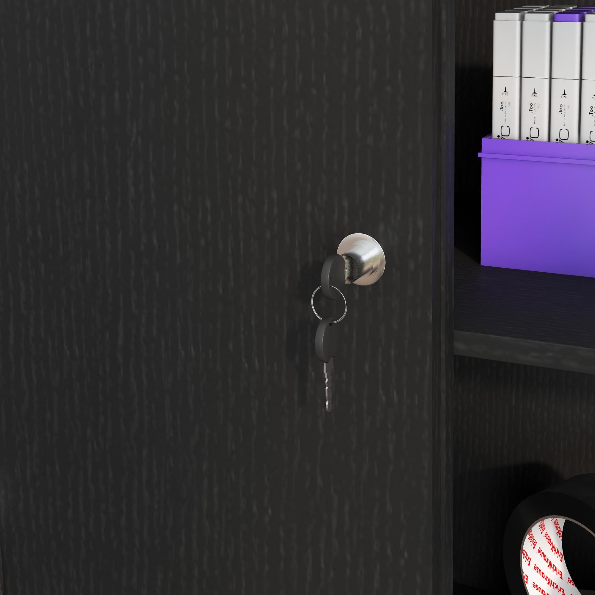 HOMCOM Armadietto da Ufficio a 3 Ripiani e ad Anta Doppia, Mobiletto Armadio da Ufficio in Legno, Mobiletto Multiuso con Chiusura e 2 Chiavi di Sicurezza per Studio, Garage e Soggiorno, Nero