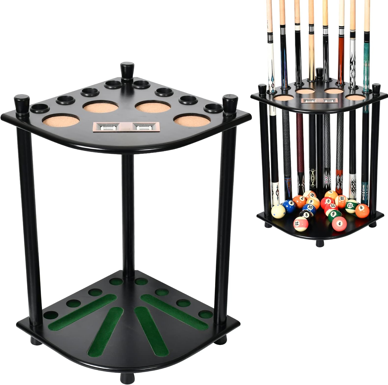 Yoom Pool Cue Rack- Pool Stick Holder Corner Rack, Billiard Cue Stick Holder Floor Stand with Score Counter, Solid Wood Billards Cue Rack for Balls and Sticks-Cue Rack Only, Black