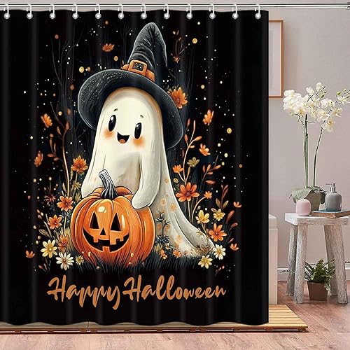 Miniatura 3 de Cortinas de ducha de Halloween para baño, bonito juego de cortinas de baño de calabaza fantasma, cortina de ducha floral de otoño y otoño, tela