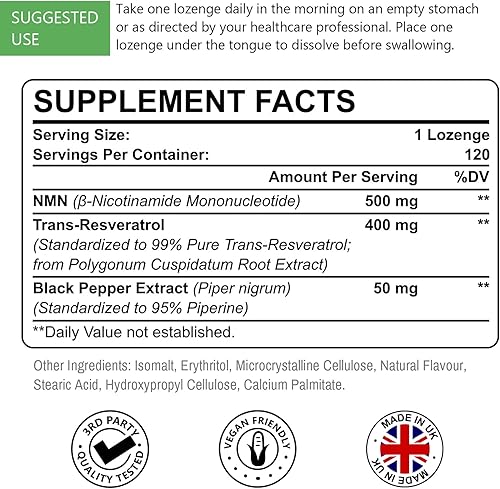 Miniatura 2 de Sublingual NMN 500mg + Trans-Resveratrol 400 mg, fórmula avanzada 3 en 1 99% puro NMN Resveratrol Suplemento para Boost* NAD, células, inmune