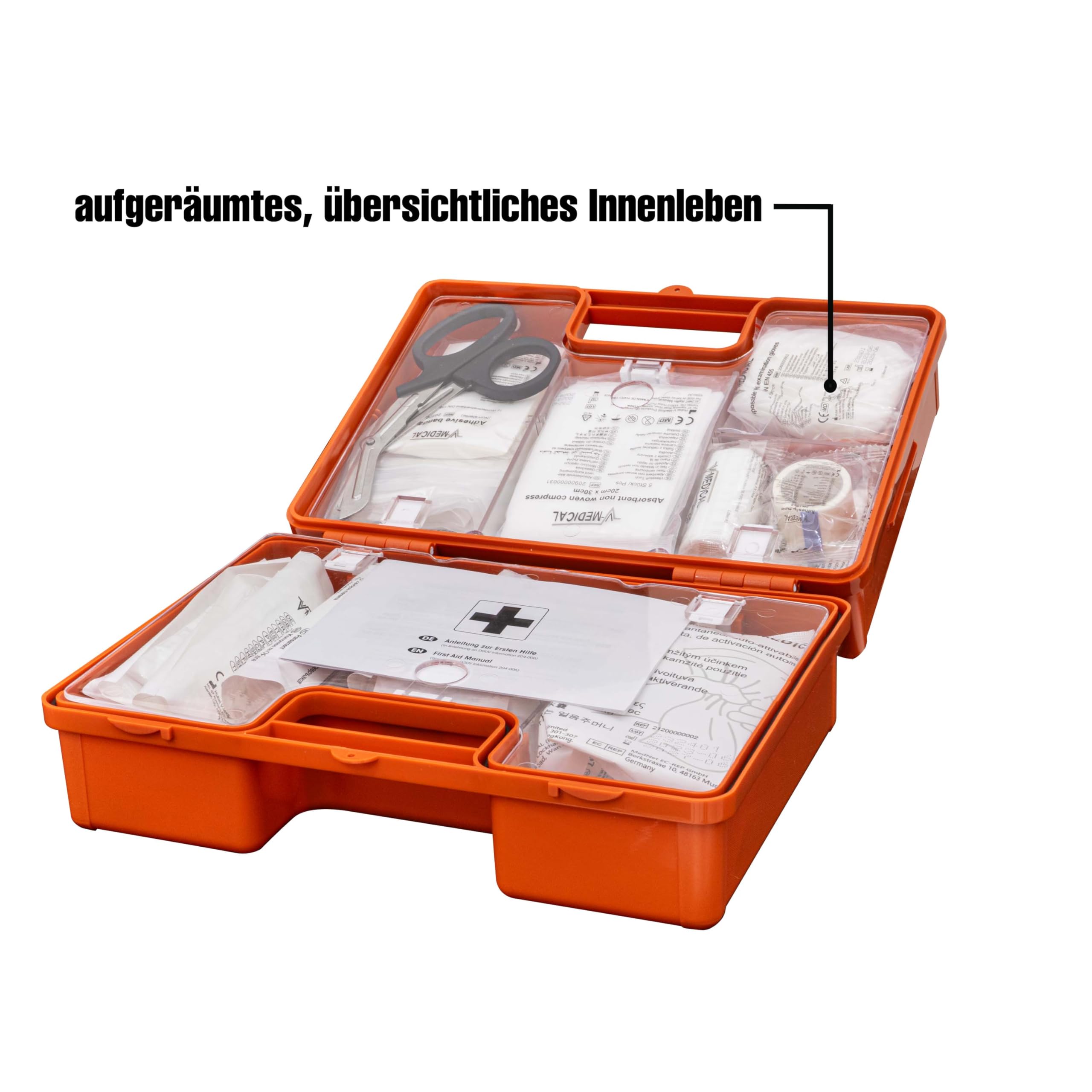 PETEX Botiquín profesional de primeros auxilios con contenido según la nueva norma DIN 13169, incluye práctico soporte de pared, 5 pegatinas, botiquín de primeros auxilios, en color naranja para