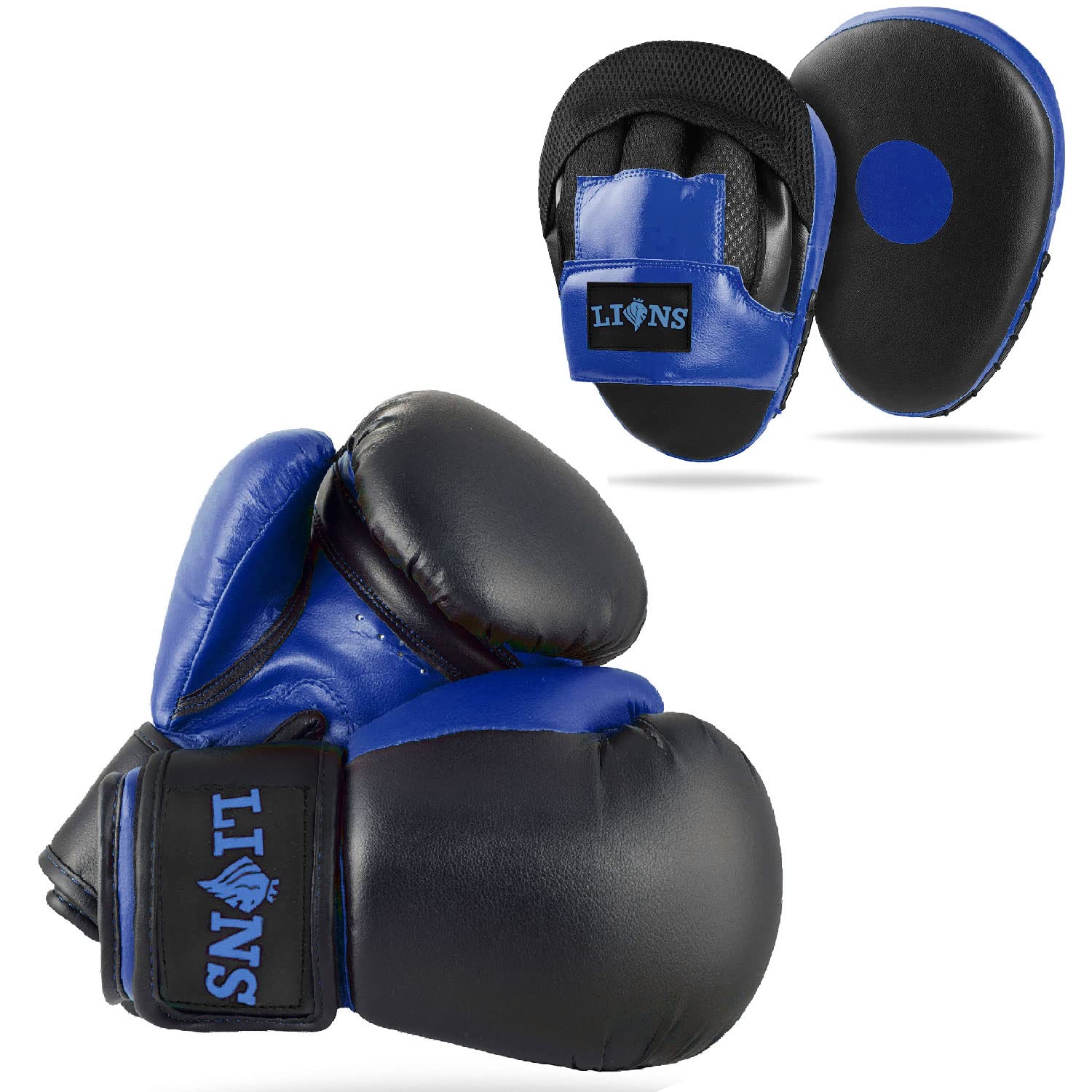 Lions Boys Boxing Gloves and Pads - Set of Sparring Punching Mma Focus Hook & Jab Training Mitts (BLUE-INJECTION, 10OZ)