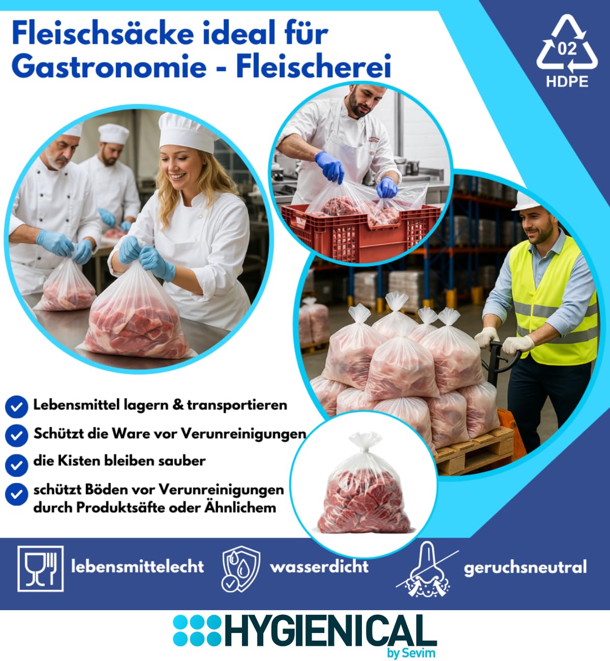 Fleischbeutel HDPE 60x40 cm – 500 Stück, Fleischsäcke/Fleischsack, Flachbeutel & Metzgersack, transparent, lebensmittelecht nach EU 10/2011 (21my - 25L)