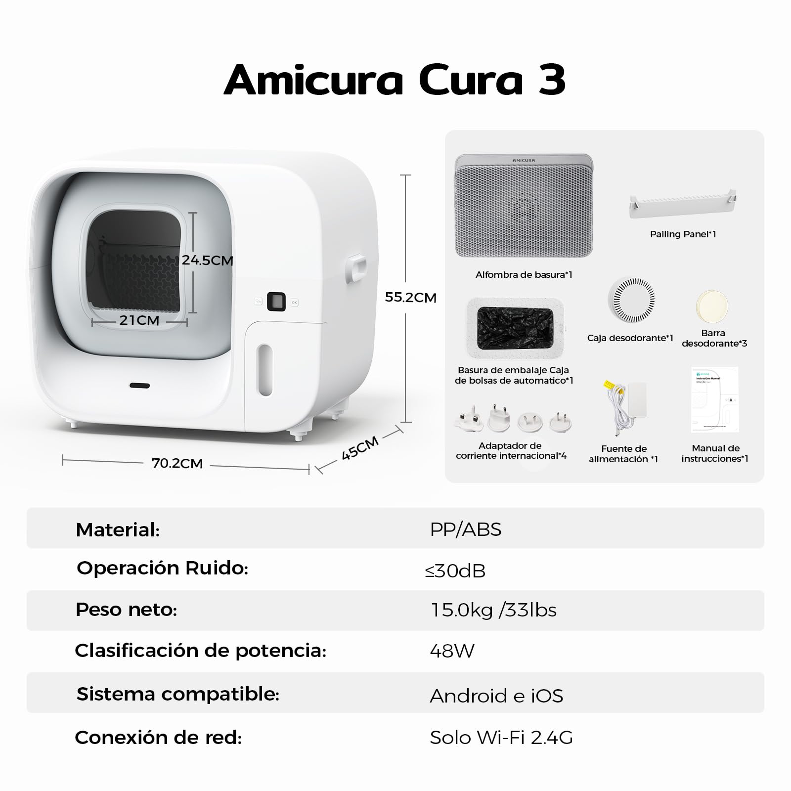 Arenero Gatos Autolimpiable, Cura 3 Arenero Autolimpiable para Gatos con Sistema de Empaquetado Automático, Certificación de Seguridad TUV (7 Sensores), Control de Olores y Funcionalidad de App