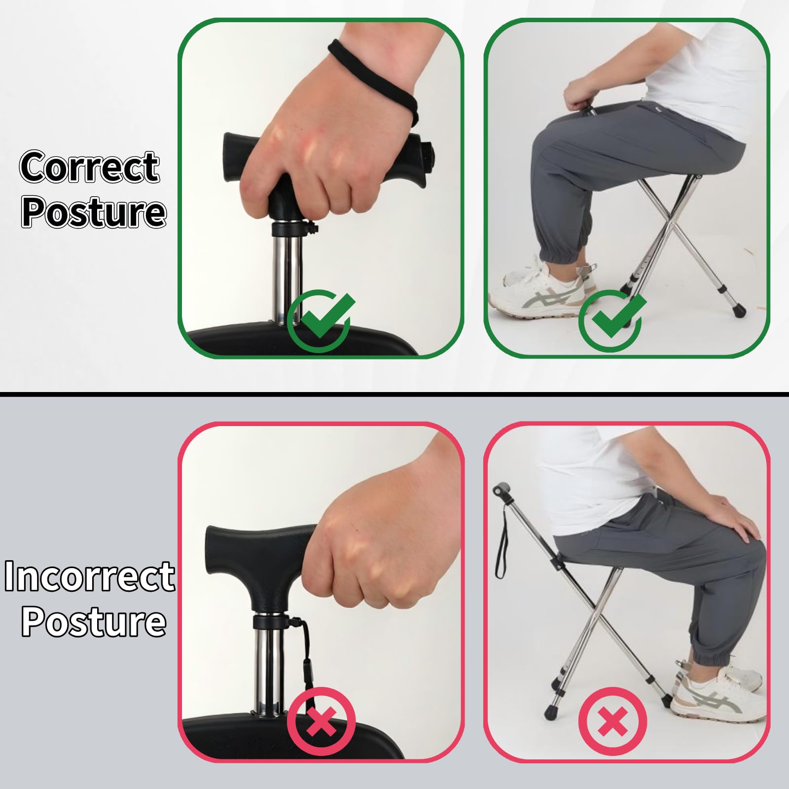 Bastón con Asiento Plegable y Ligero, Altura Regulable, con iluminación LED, Antideslizante y Duradero, Apto para Hombres, Mujeres y Personas Mayores